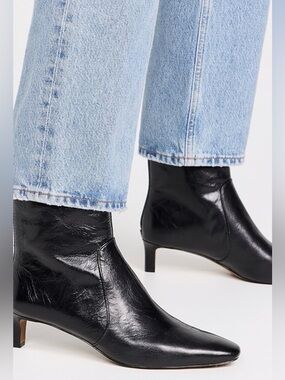 Madewell The Dimes Kitten Heel Ankle Boot Black Crinkle Leather Size 8